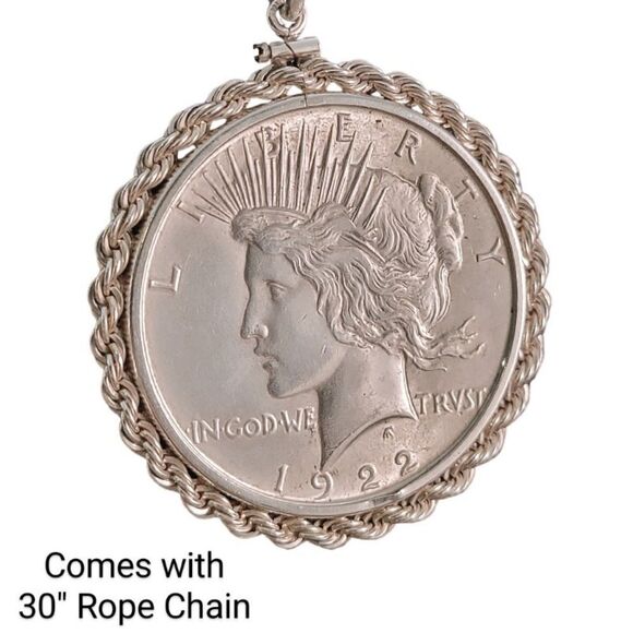 1922 Peace Dollar Sterling Pendant 30" Rope Chain Necklace - Picture 1 of 8
